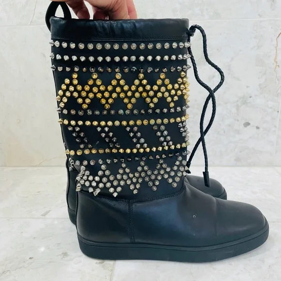 LOUBOUTIN {38} Boots Leather Studded Accents Lace-Up Boots - Picture 5 of 16